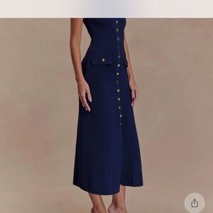 Meshki Navy Midi Dress with Gold Buttons